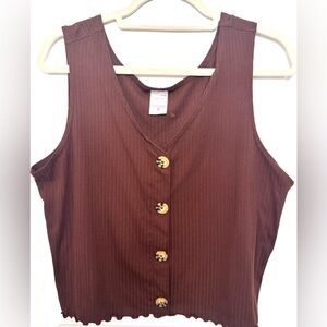No Boundaries XXXL Brown Ribbed Button Front Crop Tank Top Stretch Casual